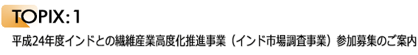 INDEX[4]TOPIX:1 平成24年度インドとの繊維産業高度化推進事業（インド市場調査事業）参加募集のご案内